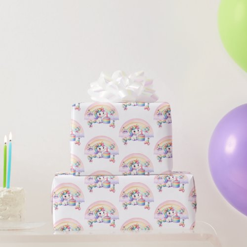 Sweet Unicorn Watercolor Pink Girl first Birthday  Wrapping Paper