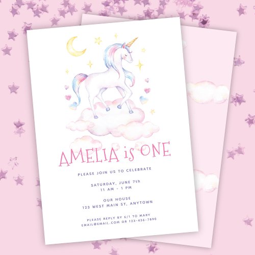 Sweet Unicorn Watercolor Pink Kids Birthday Invitation
