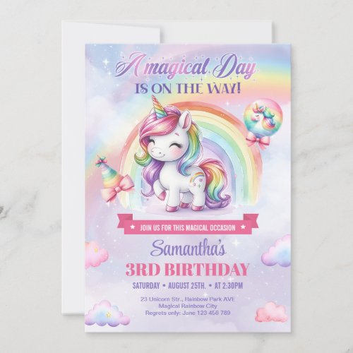 Sweet Unicorn Watercolor Pink Kids third Birthday Invitation