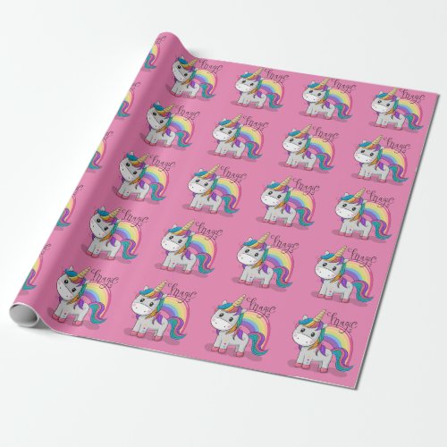 Sweet unicorn with large eyes pink wrapping paper