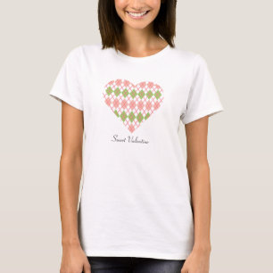 Sweet Valentine Argyle Pink and Green Big Heart T-Shirt