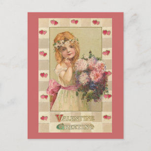 Sweet Valentine Girls with Floral Bouquets (2) Holiday Postcard
