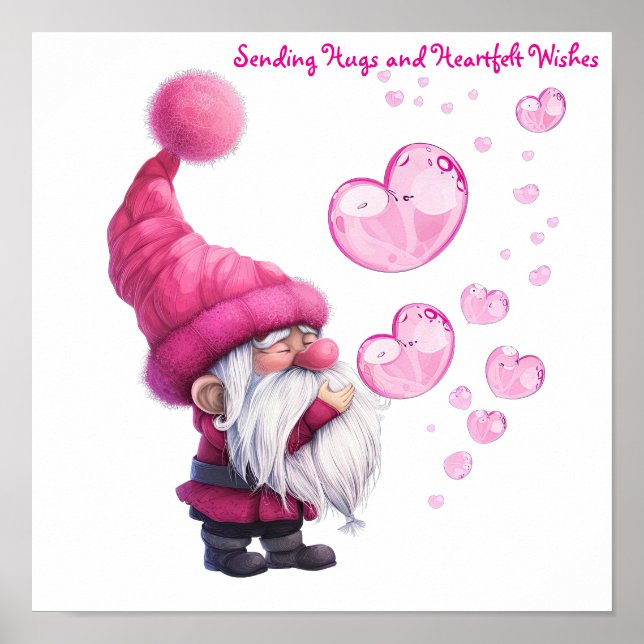 Sweet Valentine Gnome with Floating Heart Bubbles Poster (Front)