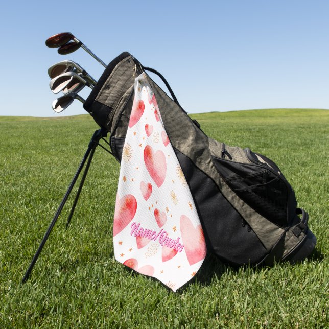 Sweet Valentine Heart Pattern with Golden Glitter Golf Towel (Green)