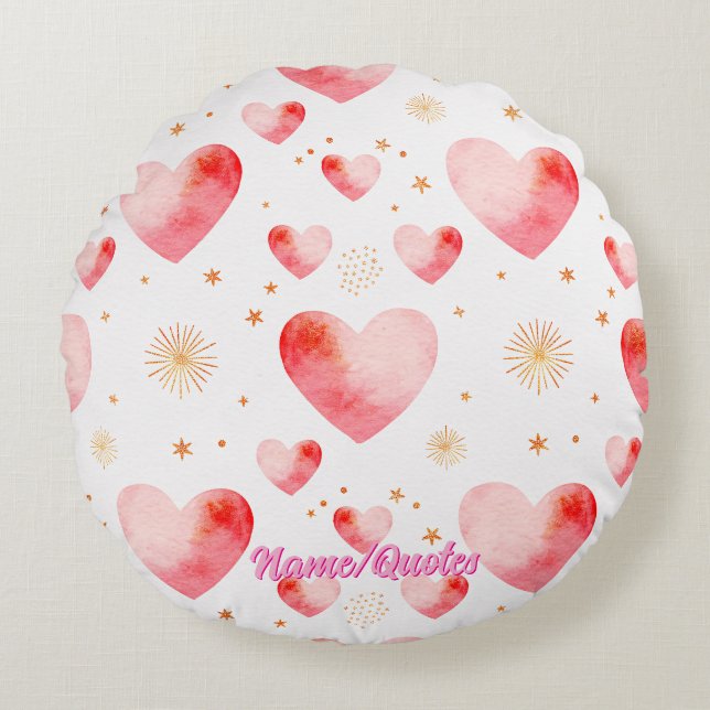 Sweet Valentine Heart Pattern with Golden Glitter Round Pillow (Front)