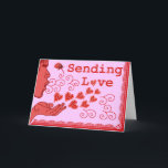 Sweet Valentine's Birthday Missing You Love Holiday Card<br><div class="desc">This pretty card features the silhouette of a person blowing kisses made of hearts and the words "Sending Love." It has a red lace border on two sides and a pink rose. You can customize the background color. The inside has an original four-line poem, but it can be changed to...</div>