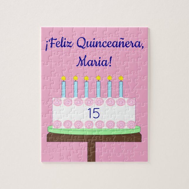 Sweet, Vanilla Quinceañera Cake- Spanish: Pink Jigsaw Puzzle (Vertical)
