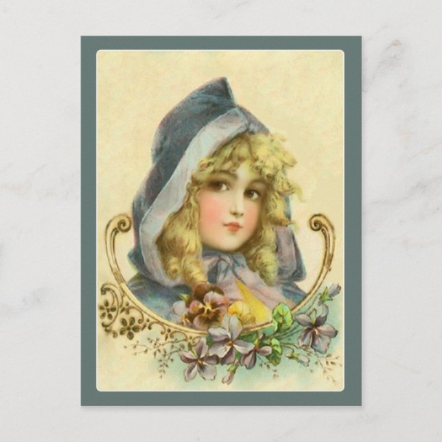 Sweet Victorian Girl in Blue Vintage Postcard (Front)