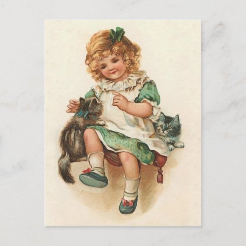 Sweet Victorian Girl  Kittens Vintage Postcard