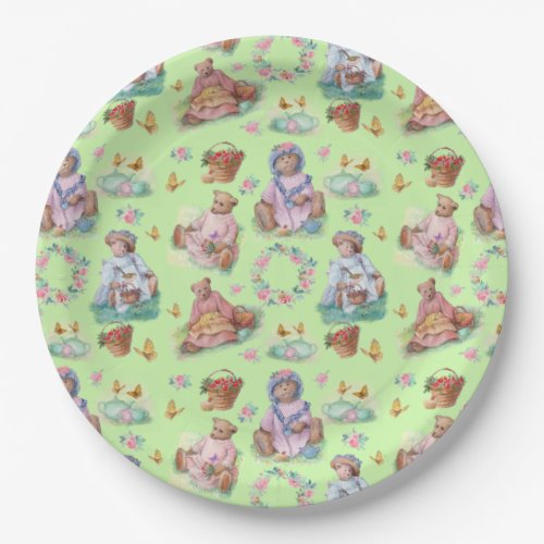 Sweet Vintage Bear Tea Party Soft Green  Pink Paper Plates