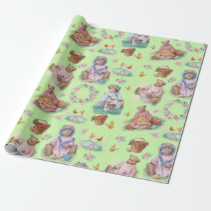 Sweet Vintage Bear Tea Party Soft Green & Pink Wrapping Paper