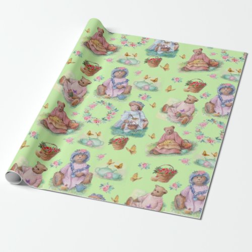 Sweet Vintage Bear Tea Party Soft Green  Pink Wrapping Paper