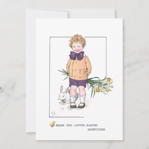 Sweet Vintage Boy with Easter Bunny  Daffodils Holiday Card