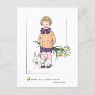 Sweet Vintage Boy with Easter Bunny & Daffodils Holiday Postcard