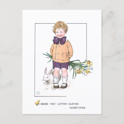 Sweet Vintage Boy with Easter Bunny  Daffodils Holiday Postcard