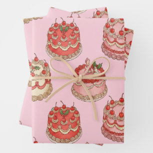 Sweet Vintage Cake and Cherries Pattern Wrapping Paper Sheets