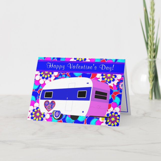 Sweet Vintage Camper Mod Flowers Happy Valentine's Card (Front)