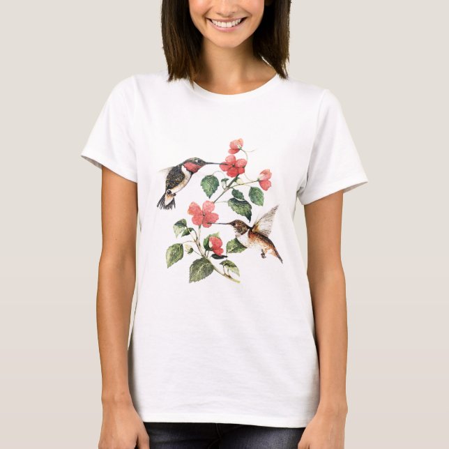 Sweet Vintage Floral Hummingbirds Pair T-Shirt (Front)