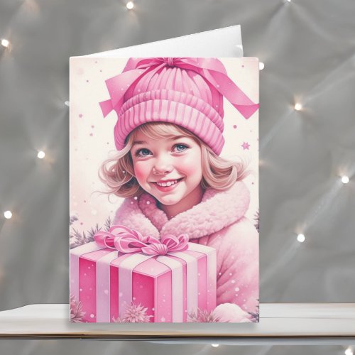 Sweet Vintage Girl Holding Gift Box Card