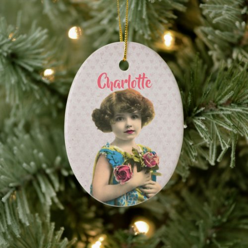 Sweet Vintage Girl With Flowers Personalized Ceramic Ornament