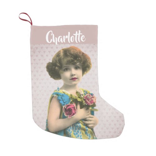 Sweet Vintage Girl With Flowers Tinted Photo Small Christmas Stocking