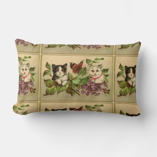 Sweet Vintage Kittens and Butterfly Lumbar Pillow