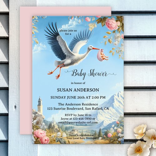 Sweet Vintage Stork Artistic Baby Shower Invitation