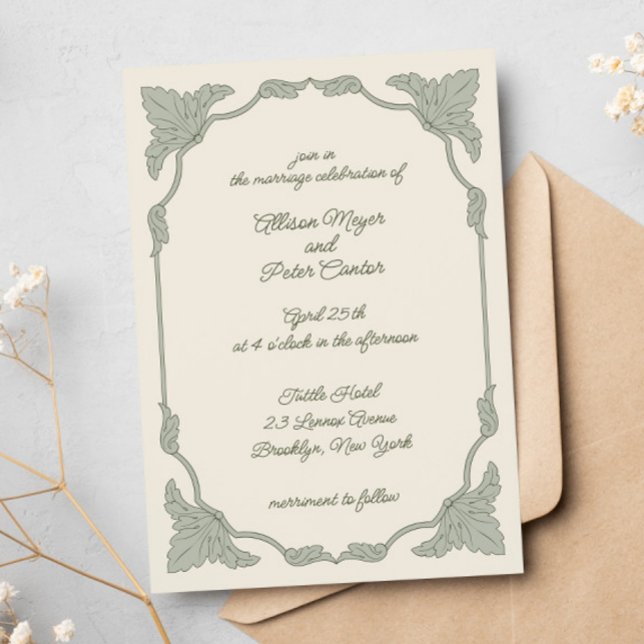 Sweet Vintage Whimsical Green Leaf Wedding Invitation (Creator Uploaded)