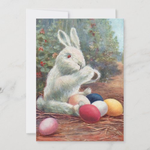 Sweet Vintage White Bunny with Easter Eggs Holiday Card