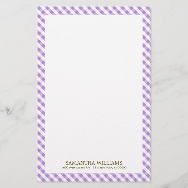 Sweet Violet Gingham Pattern Stationery (Front)