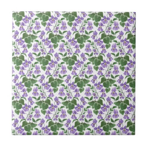 Sweet Violets Mauve on White Floral Ceramic Tile