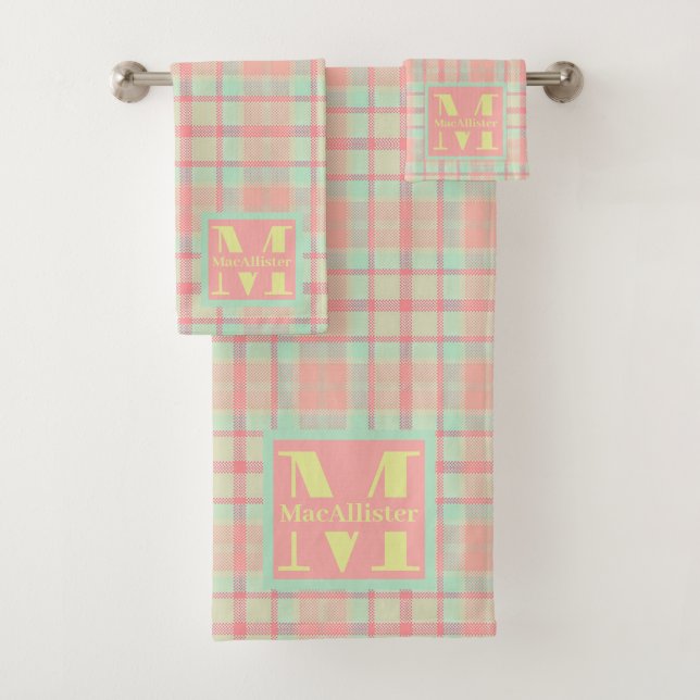 Sweet Warm Pastel Tartan Plaid Monogram Bath Towel (Insitu)