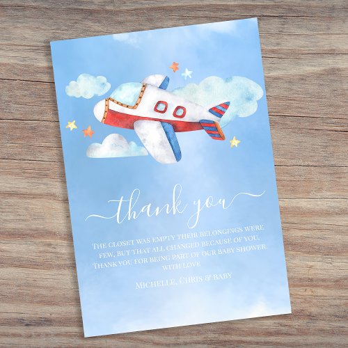 Sweet Watercolor Aeroplane Baby Shower Thank You Card