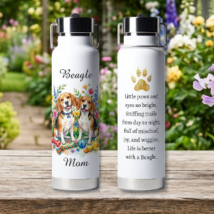 Sweet Watercolor Beagles in Flowers Personalized Water Bottle