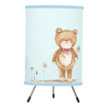 Sweet Watercolor Bear Floral Blue Baby Nursery Tripod Lamp