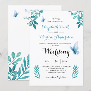 Sweet watercolor blue butterfly floral wedding invitation