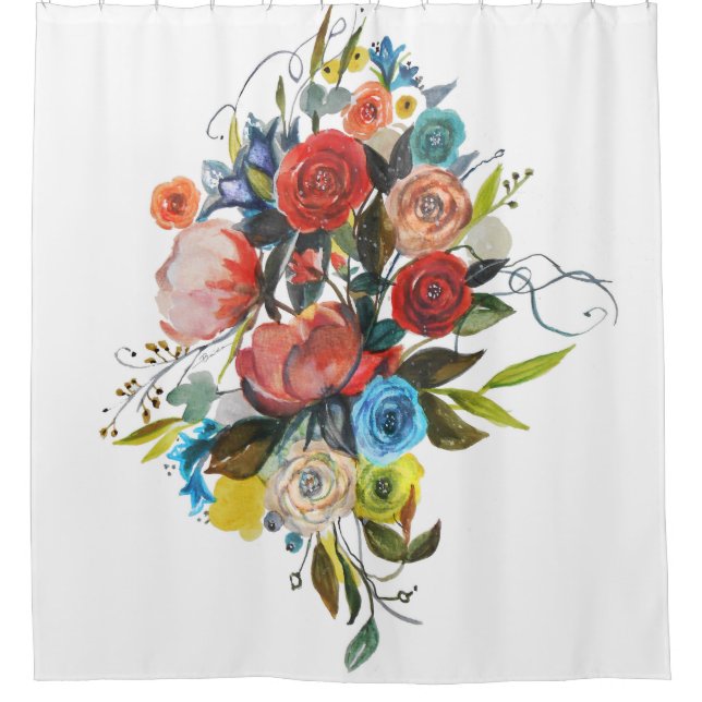 Sweet Watercolor Bouquet Simple White Shower Curtain (Front)