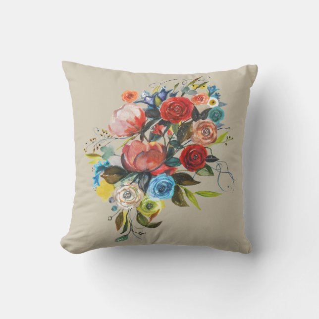 Sweet Watercolor Bouquet Taupe Customizable Throw Pillow (Front)