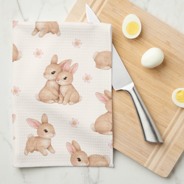 Sweet Watercolor Bunnies & Flowers Pattern  Kitchen Towel (Quarter Fold)