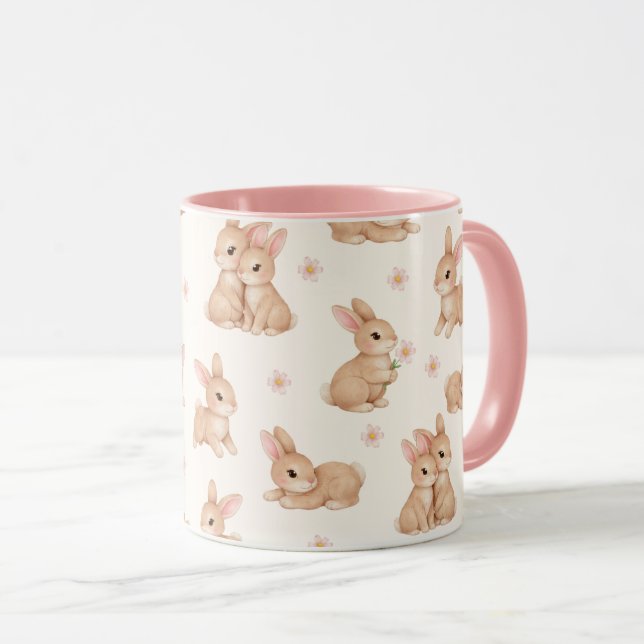 Sweet Watercolor Bunnies & Flowers Pattern  Mug (Front Right)