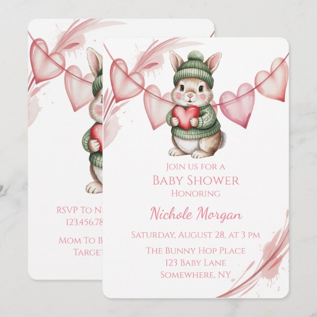 Sweet Watercolor Bunny Baby Shower  Invitation (Front/Back)