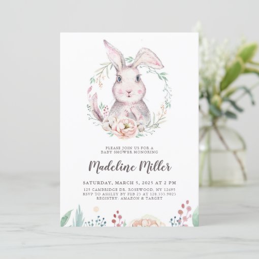 Sweet Watercolor Bunny Baby Shower Invitation | Zazzle