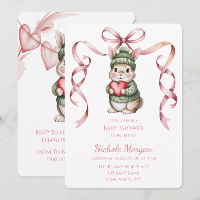 Sweet Watercolor Bunny Baby Shower  Invitation (Front/Back)