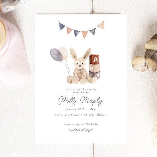 Sweet Watercolor Bunny Baby Toy Baby Shower Invitation