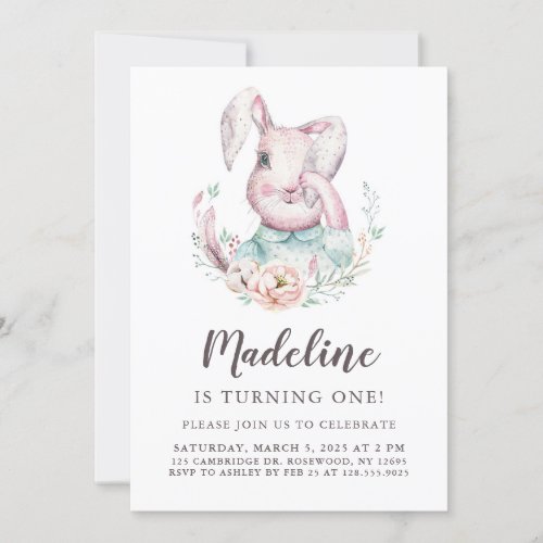 Sweet Watercolor Bunny Birthday Party Invitation