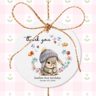 Sweet Watercolor Bunny Floral First Birthday  Favor Tags