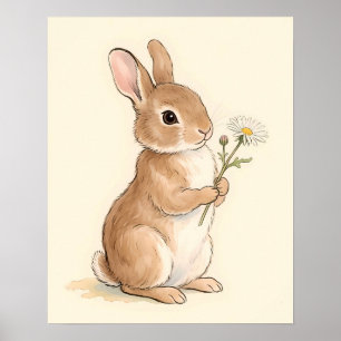 Sweet Watercolor Bunny Holding Daisy Flower Poster