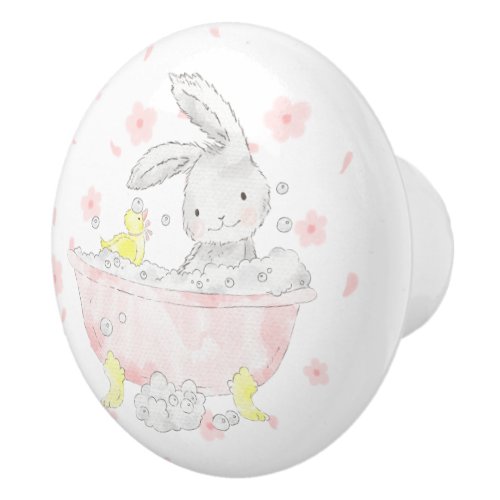 Sweet Watercolor Bunny in Bubble Bath Ceramic Knob