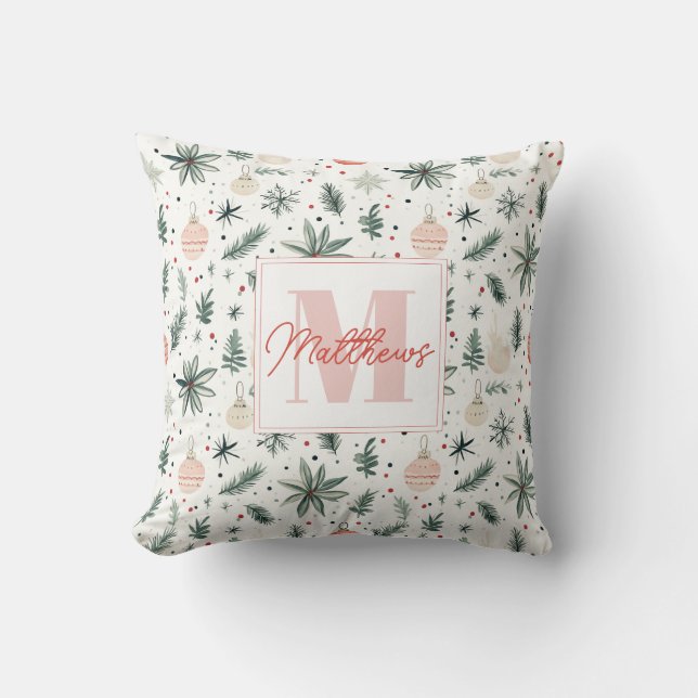 Sweet Watercolor Christmas Greenery Monogrammed Throw Pillow (Front)