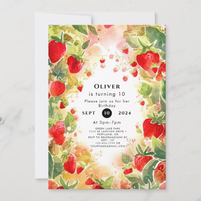 Sweet Watercolor Colorful Strawberry Birthday Invitation (Front)